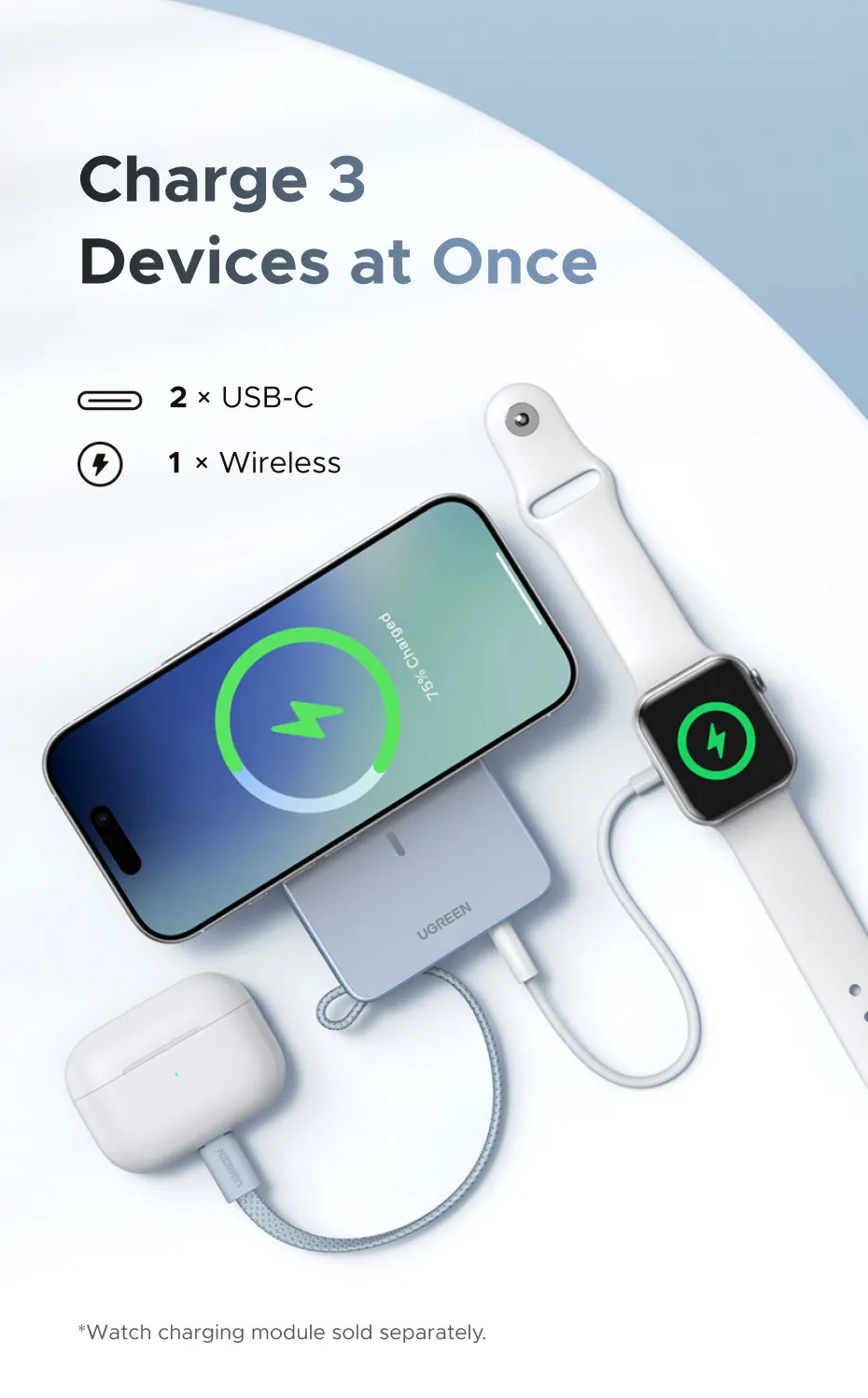 UGREEN 10000mAh Qi2 25W Magsafe Wireless Fast-Charging Power Bank with Built-in Type-C Cable – Compatible with iPhone 17 Series and iPhone 16 Pro Max (Qi2.2 Version)
