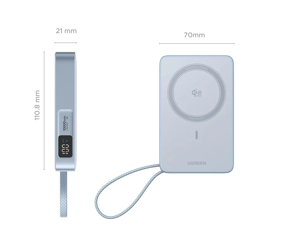 UGREEN 10000mAh Qi2 25W Magsafe Wireless Fast-Charging Power Bank with Built-in Type-C Cable – Compatible with iPhone 17 Series and iPhone 16 Pro Max (Qi2.2 Version)
