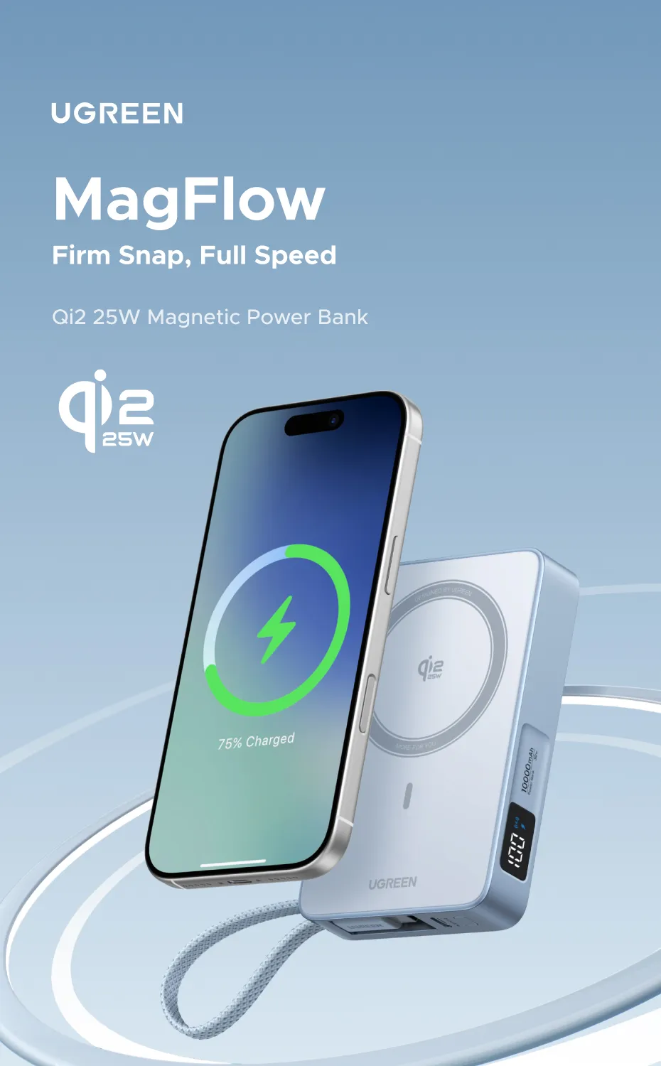 UGREEN 10000mAh Qi2 25W Magsafe Wireless Fast-Charging Power Bank with Built-in Type-C Cable – Compatible with iPhone 17 Series and iPhone 16 Pro Max (Qi2.2 Version)