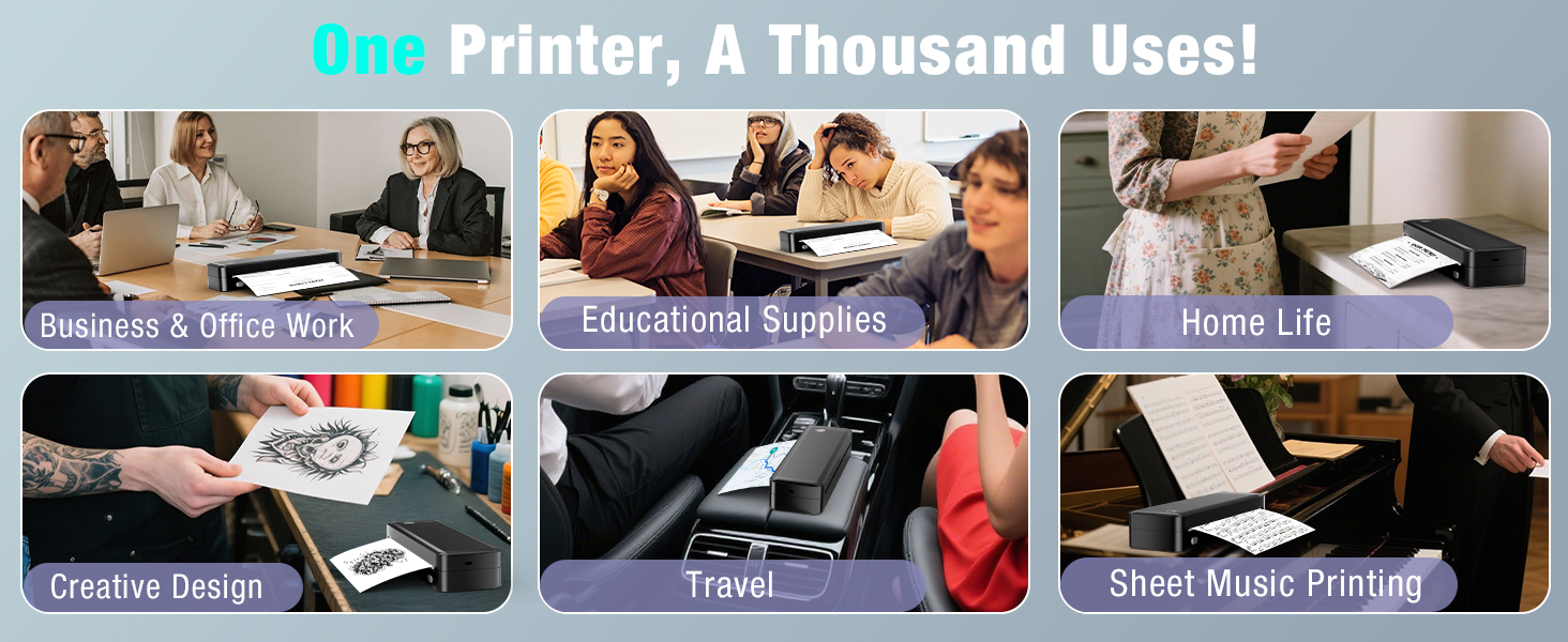 Portable Printer Wireless for Travel. Inkless Thermal Printer Supports 8.5 x 11 Inch Thermal Paper. Bluetooth Compatible with iOS. Android. Laptop Includes 2 Rolls & 10 Sheets of Paper Kit
