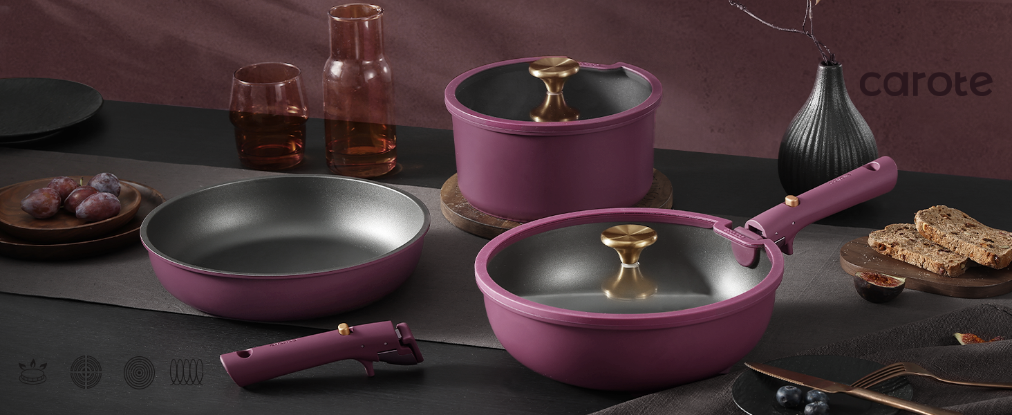 CAROTE 21pcs Pots and Pans Set. Nonstick Cookware Set Detachable Handle. Induction Kitchen Cookware Sets Non Stick with Removable Handle. RV Cookware Set. Gold and Purple