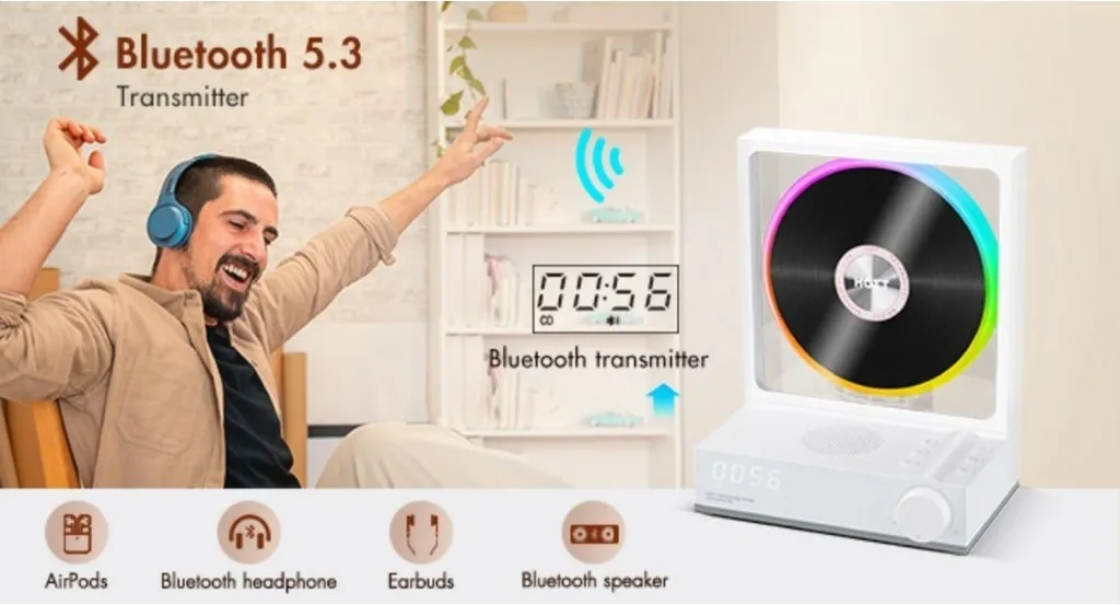 HOTT C229 Retro HIFI CD Player Two-way Bluetooth RGB Dazzling Colour Light Effect Rechargeable Music Player Built-in Speaker TF Card Input
