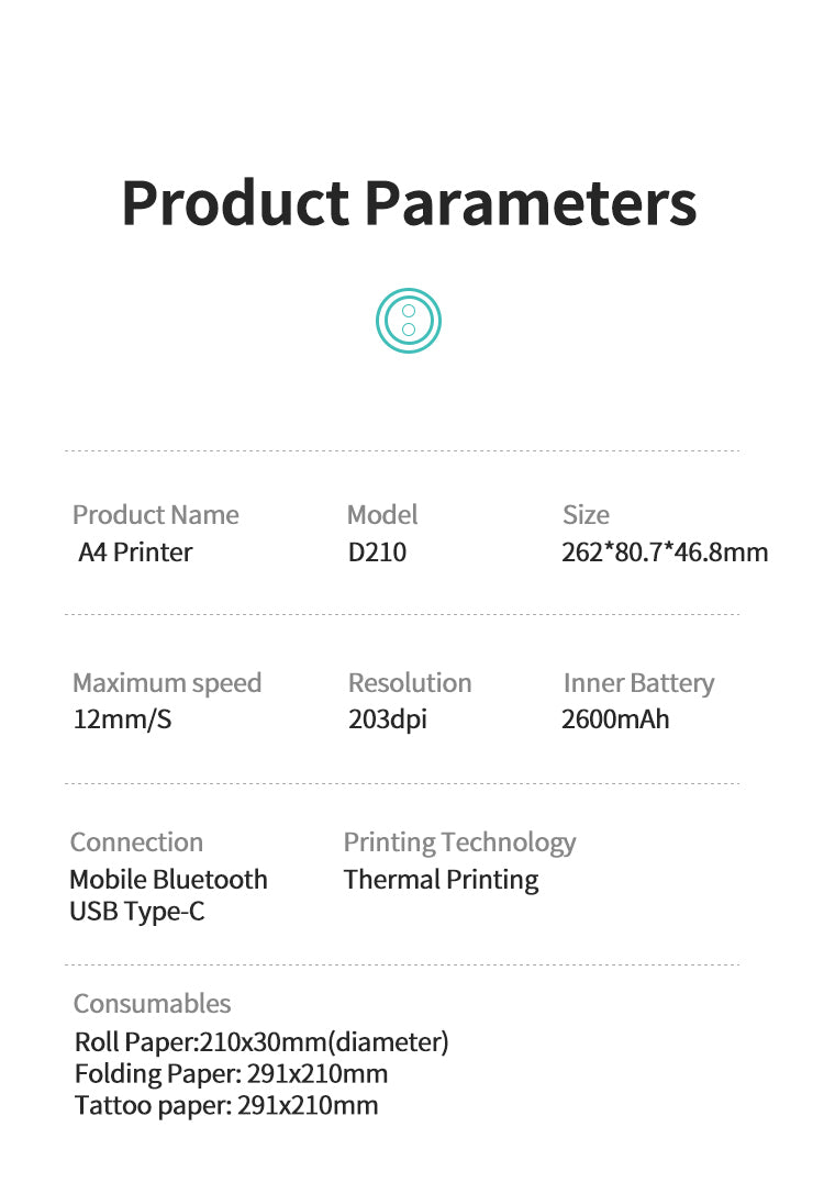 Home A4 Portable Printer. OEM Bluetooth Inkless Document/Exam Paper Self-adhesive Thermal Printer