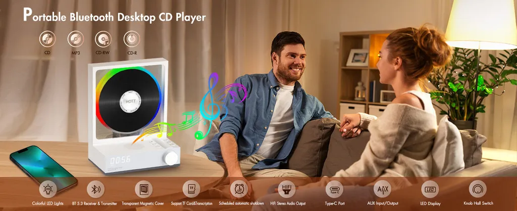 HOTT C229 Retro HIFI CD Player Two-way Bluetooth RGB Dazzling Colour Light Effect Rechargeable Music Player Built-in Speaker TF Card Input