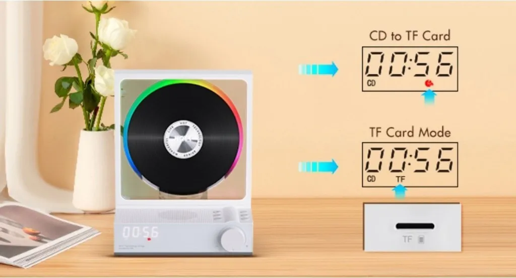 HOTT C229 Retro HIFI CD Player Two-way Bluetooth RGB Dazzling Colour Light Effect Rechargeable Music Player Built-in Speaker TF Card Input