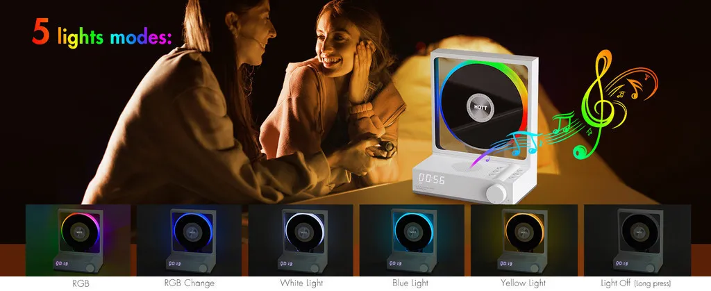 HOTT C229 Retro HIFI CD Player Two-way Bluetooth RGB Dazzling Colour Light Effect Rechargeable Music Player Built-in Speaker TF Card Input