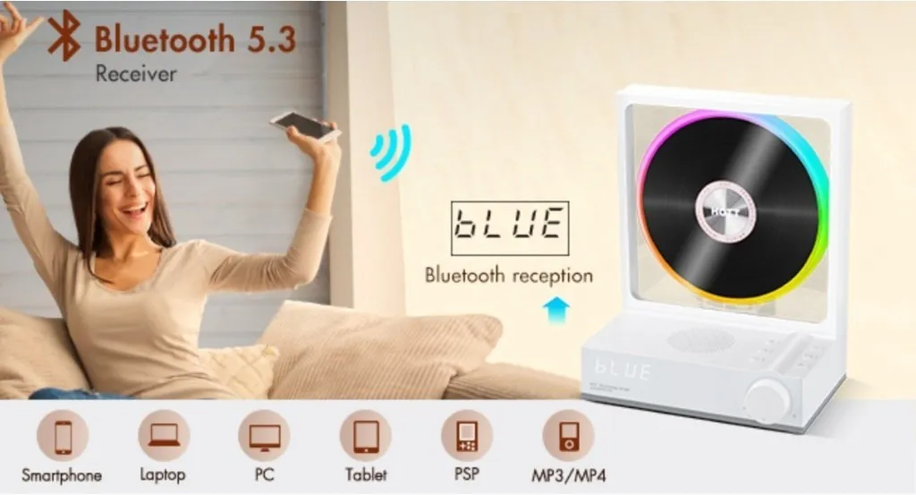 HOTT C229 Retro HIFI CD Player Two-way Bluetooth RGB Dazzling Colour Light Effect Rechargeable Music Player Built-in Speaker TF Card Input