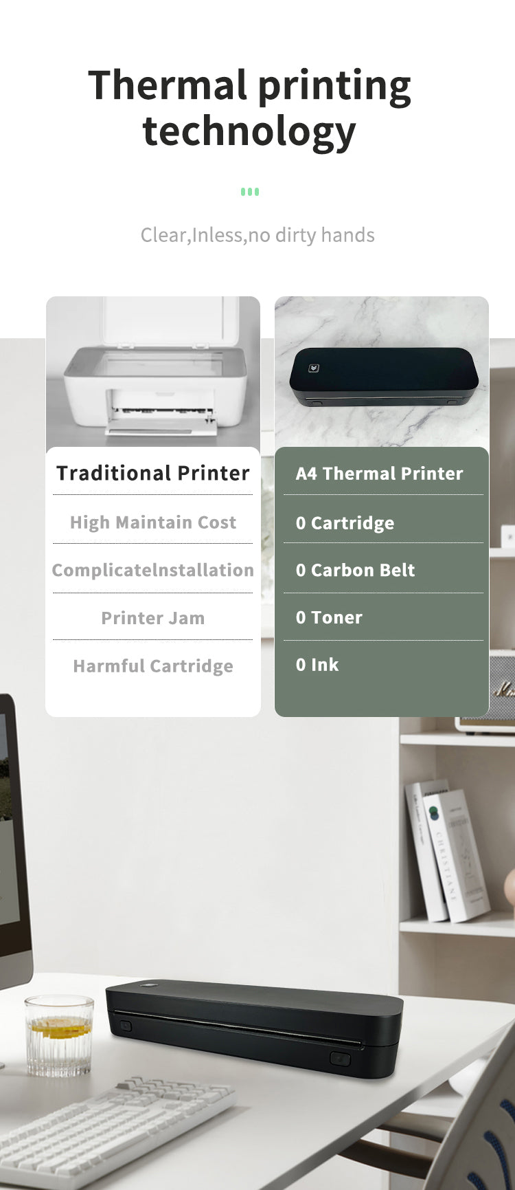 Home A4 Portable Printer. OEM Bluetooth Inkless Document/Exam Paper Self-adhesive Thermal Printer