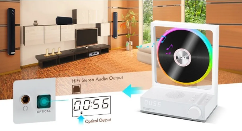 HOTT C229 Retro HIFI CD Player Two-way Bluetooth RGB Dazzling Colour Light Effect Rechargeable Music Player Built-in Speaker TF Card Input