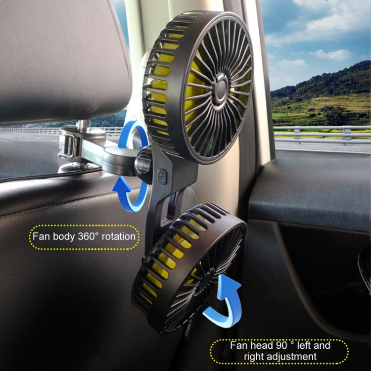 Dual-head fan for rear car headrests. brushless motor. USB-powered. creative and practical for car interiors.