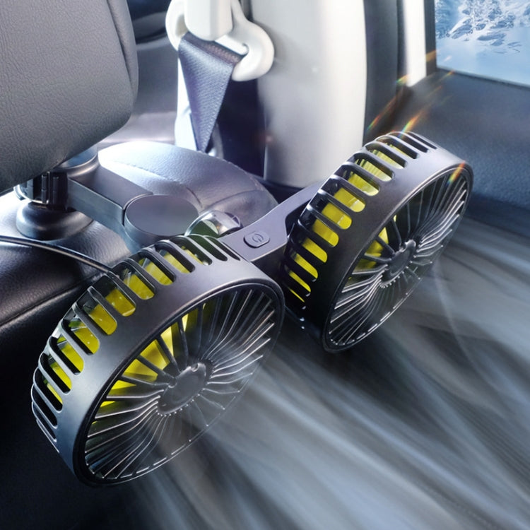 Dual-head fan for rear car headrests. brushless motor. USB-powered. creative and practical for car interiors.