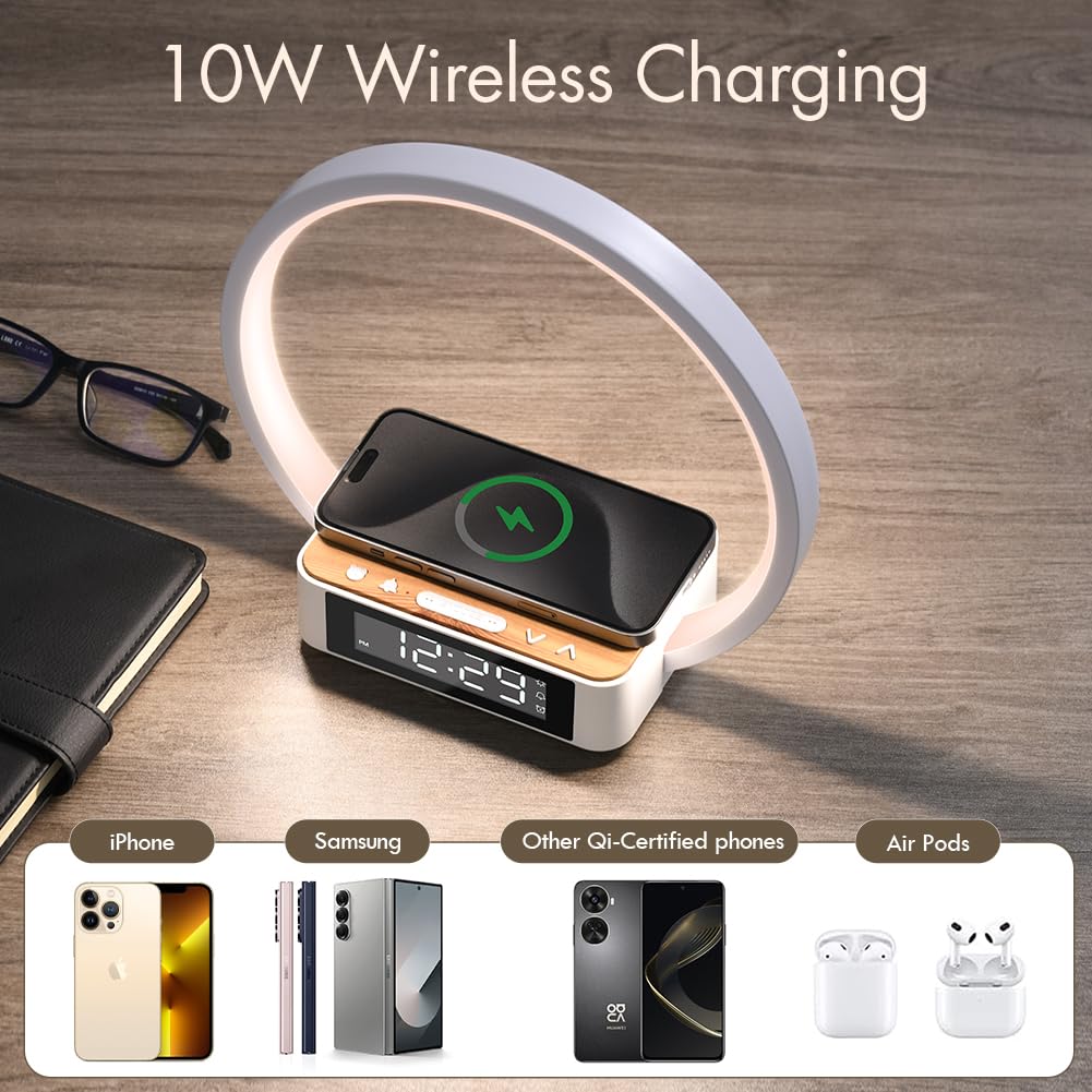 Bedside Wireless Charging Night Light Integrated Smart Clock Desk Lamp with Wireless Phone Charger - Universal Multifunctional