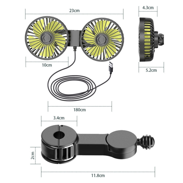 Dual-head fan for rear car headrests. brushless motor. USB-powered. creative and practical for car interiors.